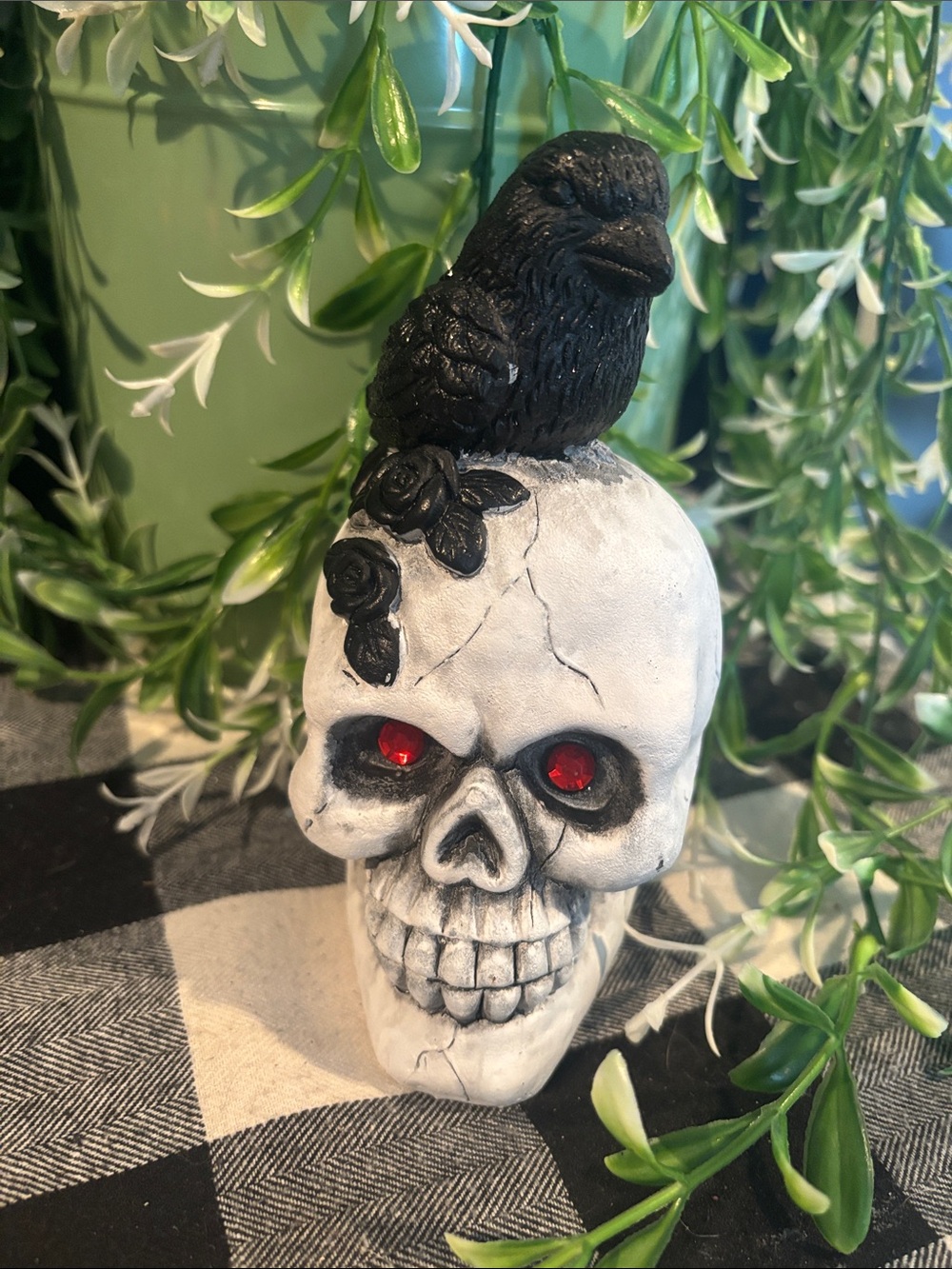 Decorative White Skull with Black Crow and Red Eyes - Home Accent